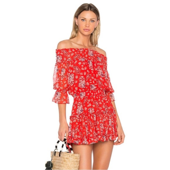 MISA Los Angeles Darla Off the Shoulder Dress Red Paisley - Picture 3 of 16